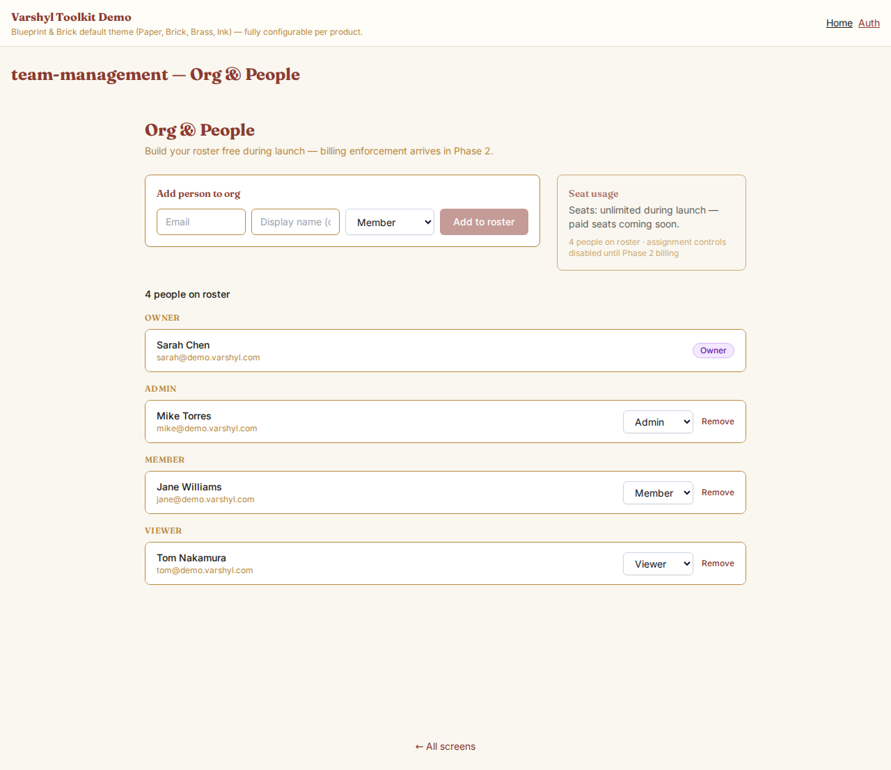 Org People admin page listing team members, roles, and add-member controls