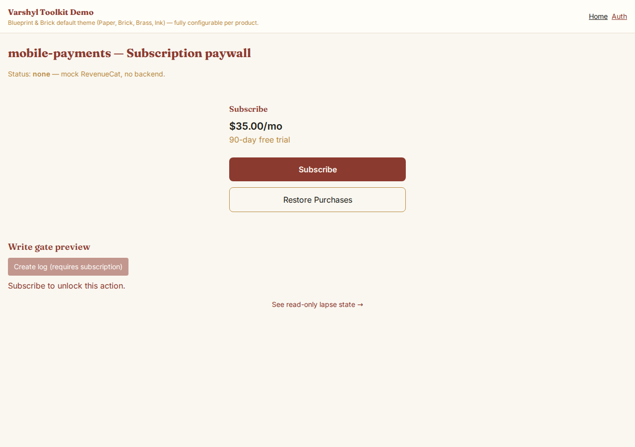 Subscription paywall showing monthly price, 90-day free trial, and Subscribe / Restore buttons