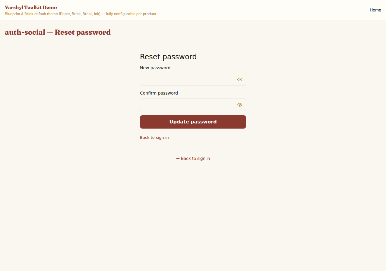 Reset password screen — user sets a new password from the email link