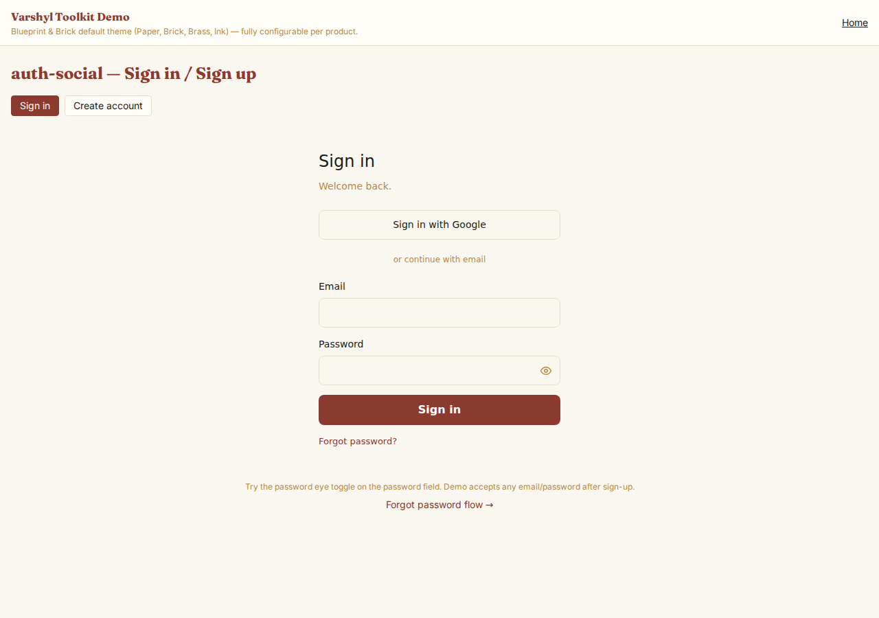 Sign-in screen with Google button, email and password fields, and a show/hide password toggle