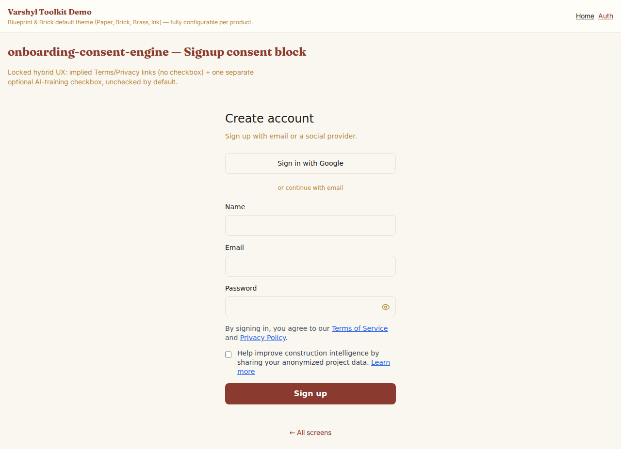 Signup consent block with Terms/Privacy links and an unchecked optional AI-training checkbox